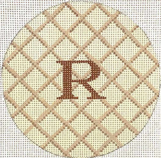 Planet Earth & Lee 4” Round – Criss Cross Lattice – tans w/ brown letter (specify monogram or blank)