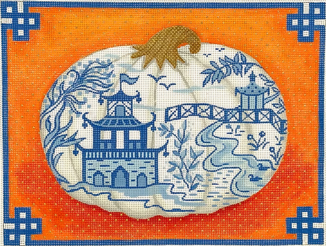 Chinoiserie Porcelain Pumpkin w/ Chinese border – blues, oranges & gold 1