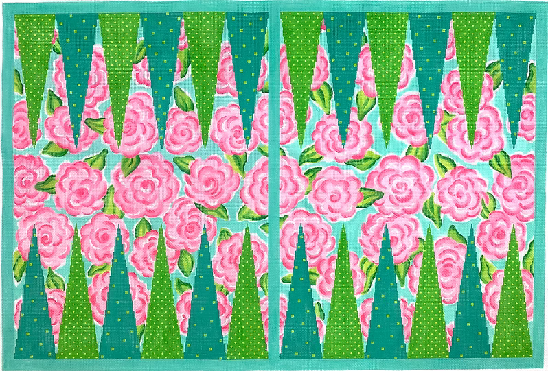 Backgammon Board Canvas – Lilly-inspired Roses – pinks, greens & turquoise 13 mesh