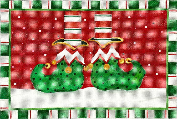 Sally Eckman Roberts – Elf’s Feet on Cherry Background w/ Snow & Striped Border SER-PL-03