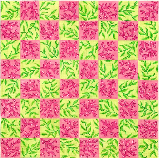 Chess/Checkers Board – Lilly-inspired Coral & Vines – pinks & greens