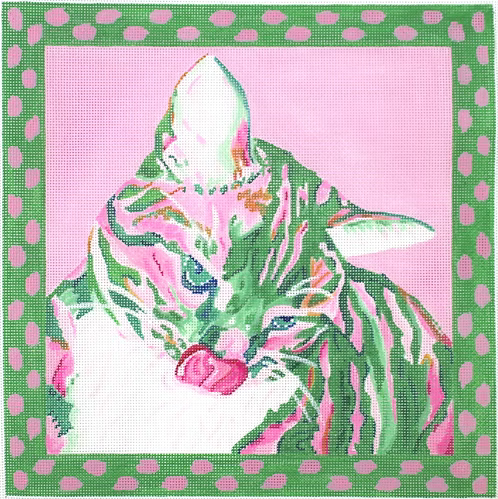 Megan Carn Pippa the Calico Cat – pinks & greens w/ spotted border MC-PL-06