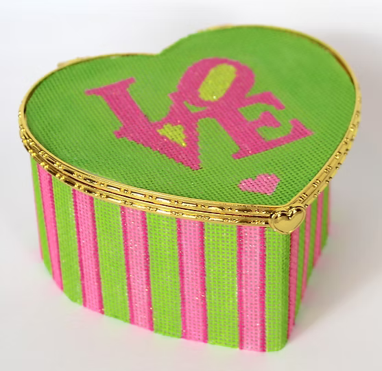 Limoges Box – Lg. Heart Robert Indiana style LOVE w/ Stripes – pinks & greens (gold clasp)
