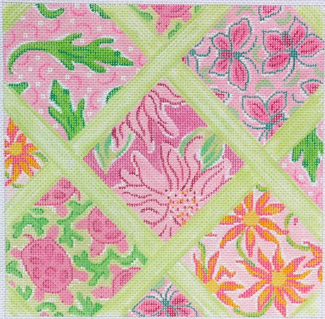 Med. Sq.– Lilly-inspired Lattice Patchwork – pinks & greens PL-27