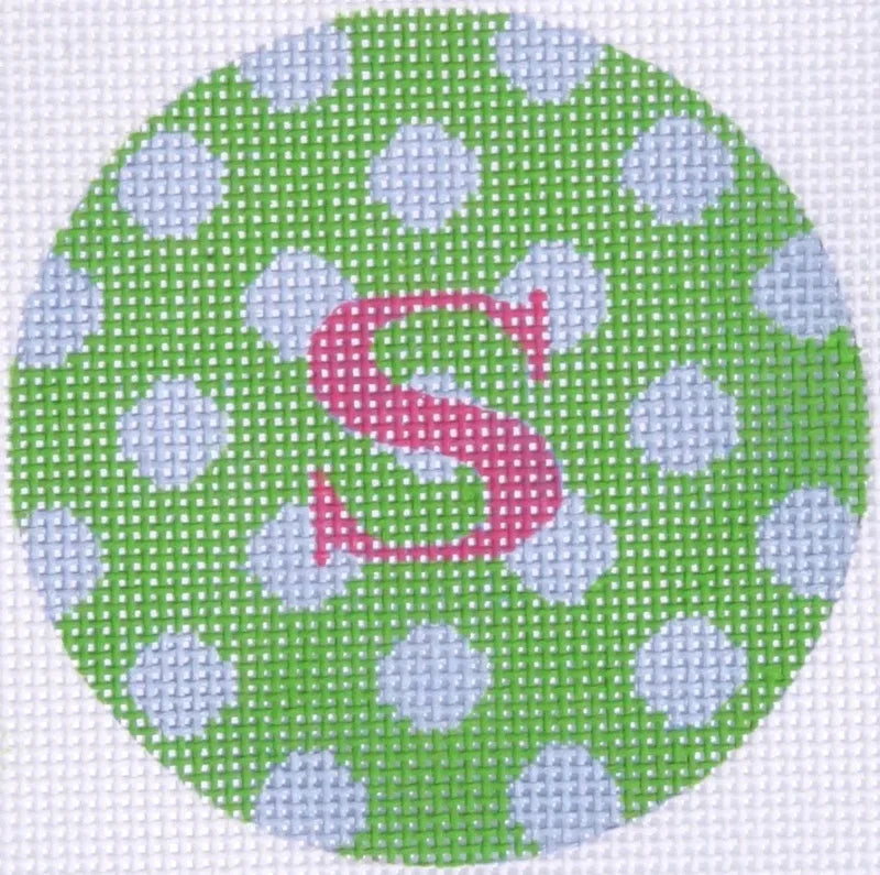 Bright Disk Letter – Kelly Green w/ Lavender Dots & Raspberry Letter