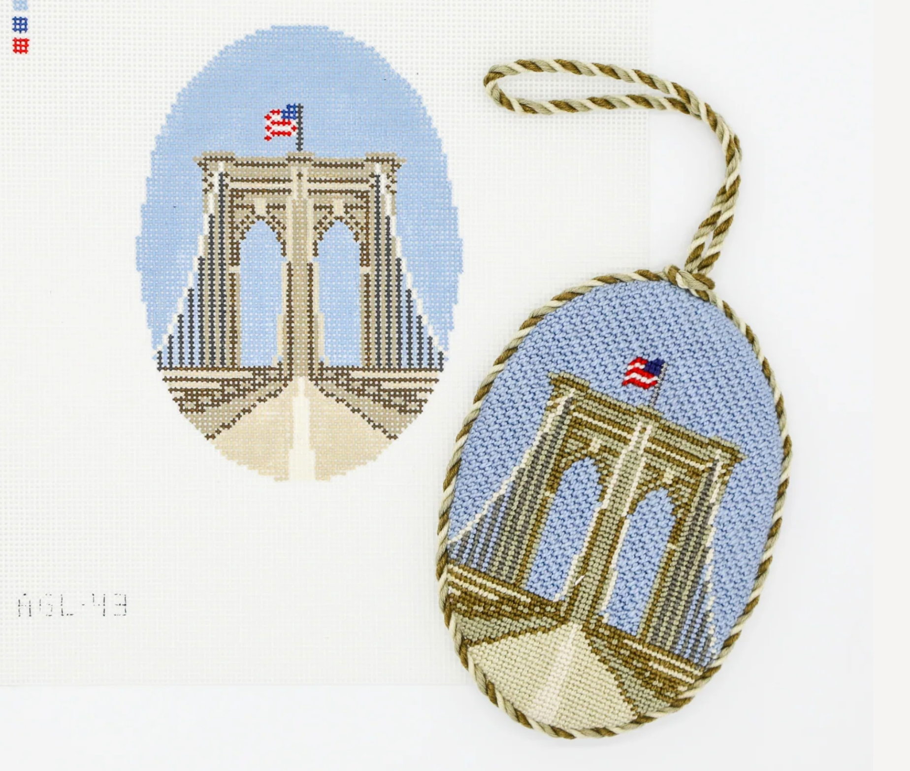 Dogwood needlepoint Brooklyn Bridge oval ornament