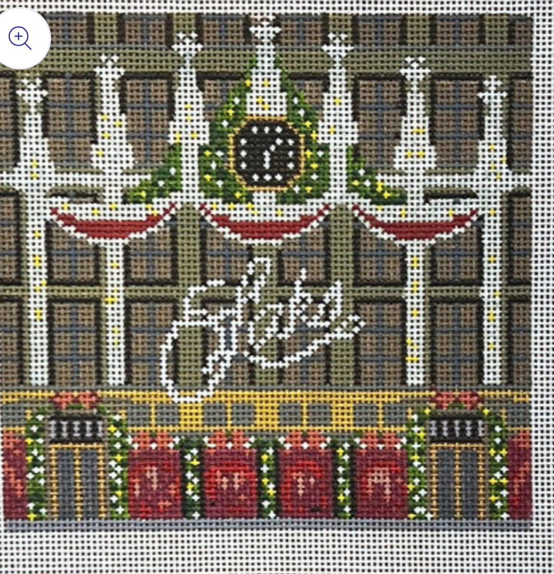 Gingham stitchery Saks storefront needlepoint canvas