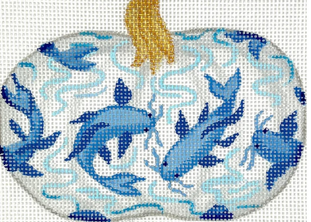 Mini Chinoiserie Pumpkin – Short & Wide w/ Koi Fish & Waves – white w/ blues & golds