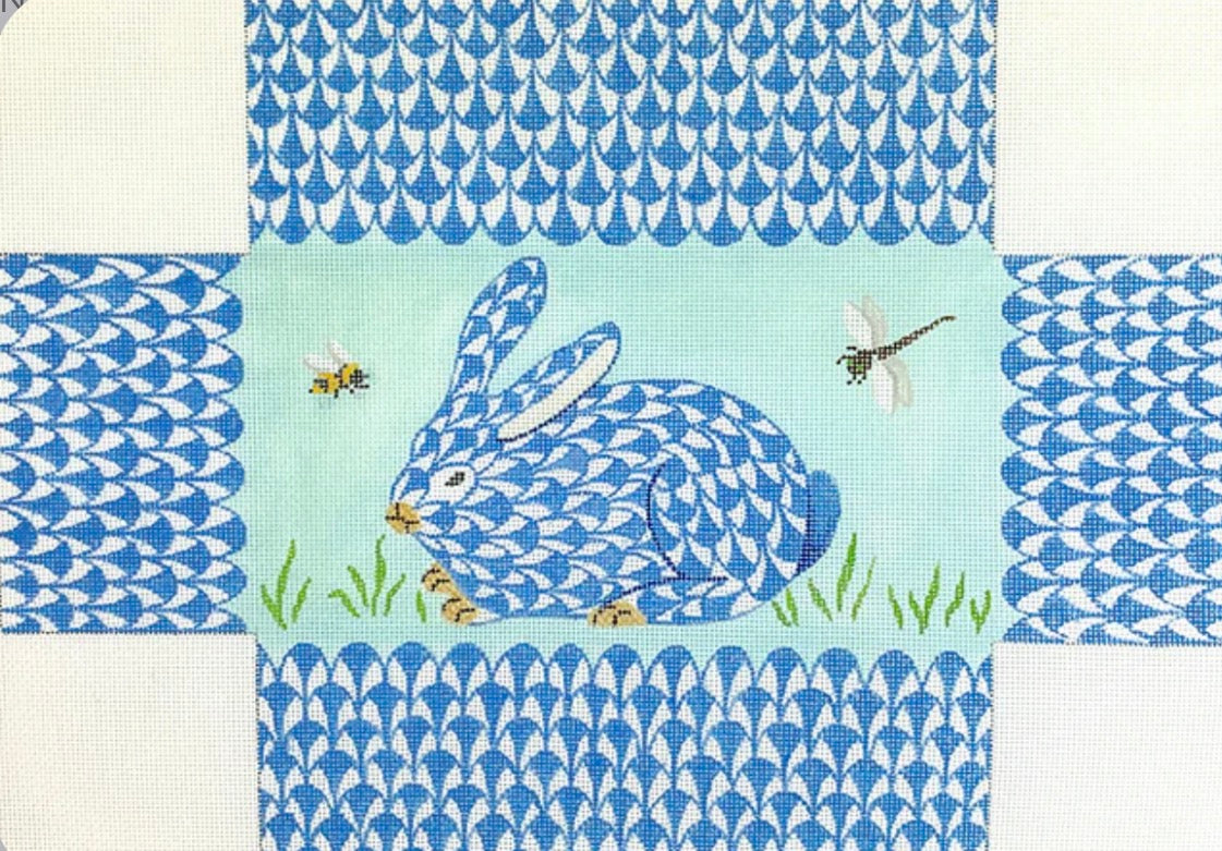Brick – Fishnet Bunny in the Grass with Bee & Dragonfly – blues, green, tans, black & yellow