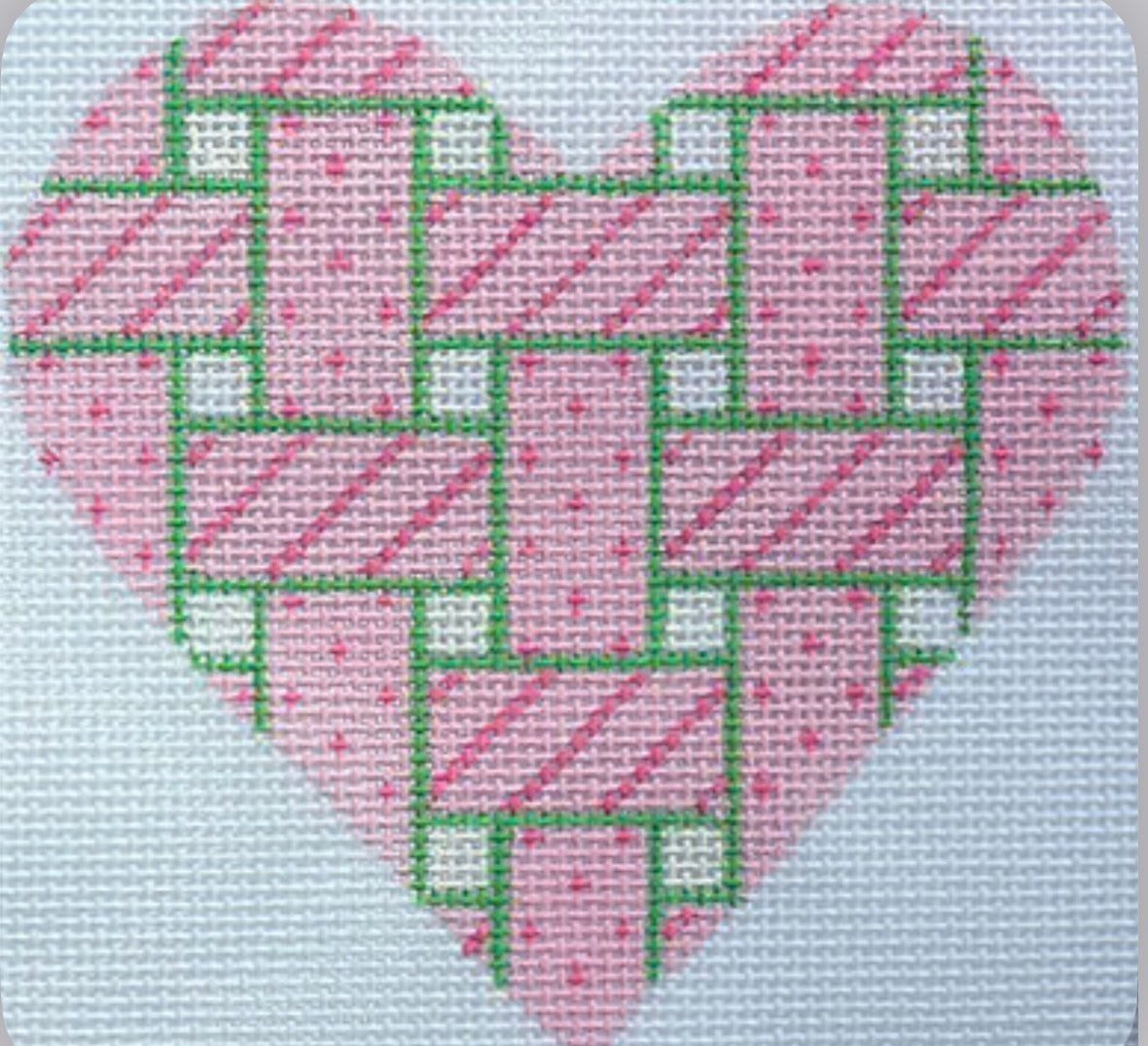 Mini Heart – Woven Ribbons – pink w/ green edging (January) (stitch guide in notebook)