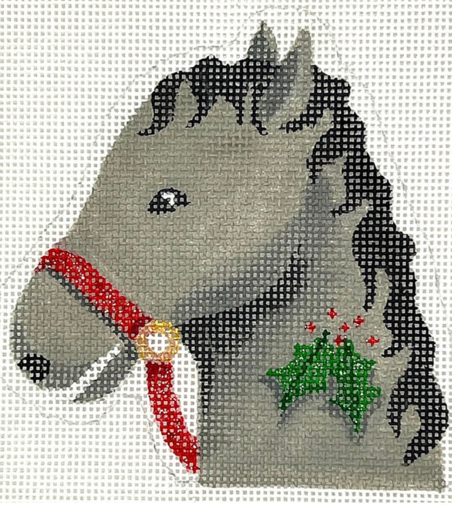 Christmas Ornament – Horse w/ Holly Candy Cane Holder – gray & black