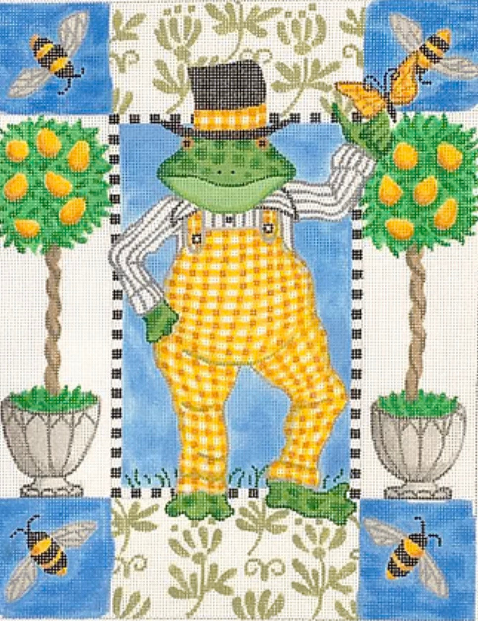 Kelly Rightsell – Frog in Yellow Gingham Overalls with Bees & Lemon Topiaries KR-PL-21