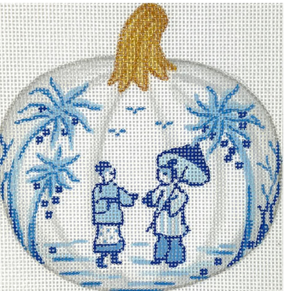 Mini Chinoiserie Pumpkin – Small Round w/ People, Parasol & Palms – white w/ blues & golds