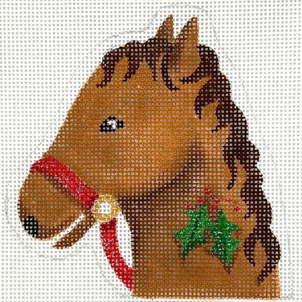 Christmas Ornament – Horse w/ Holly Candy Cane Holder – tan & brown