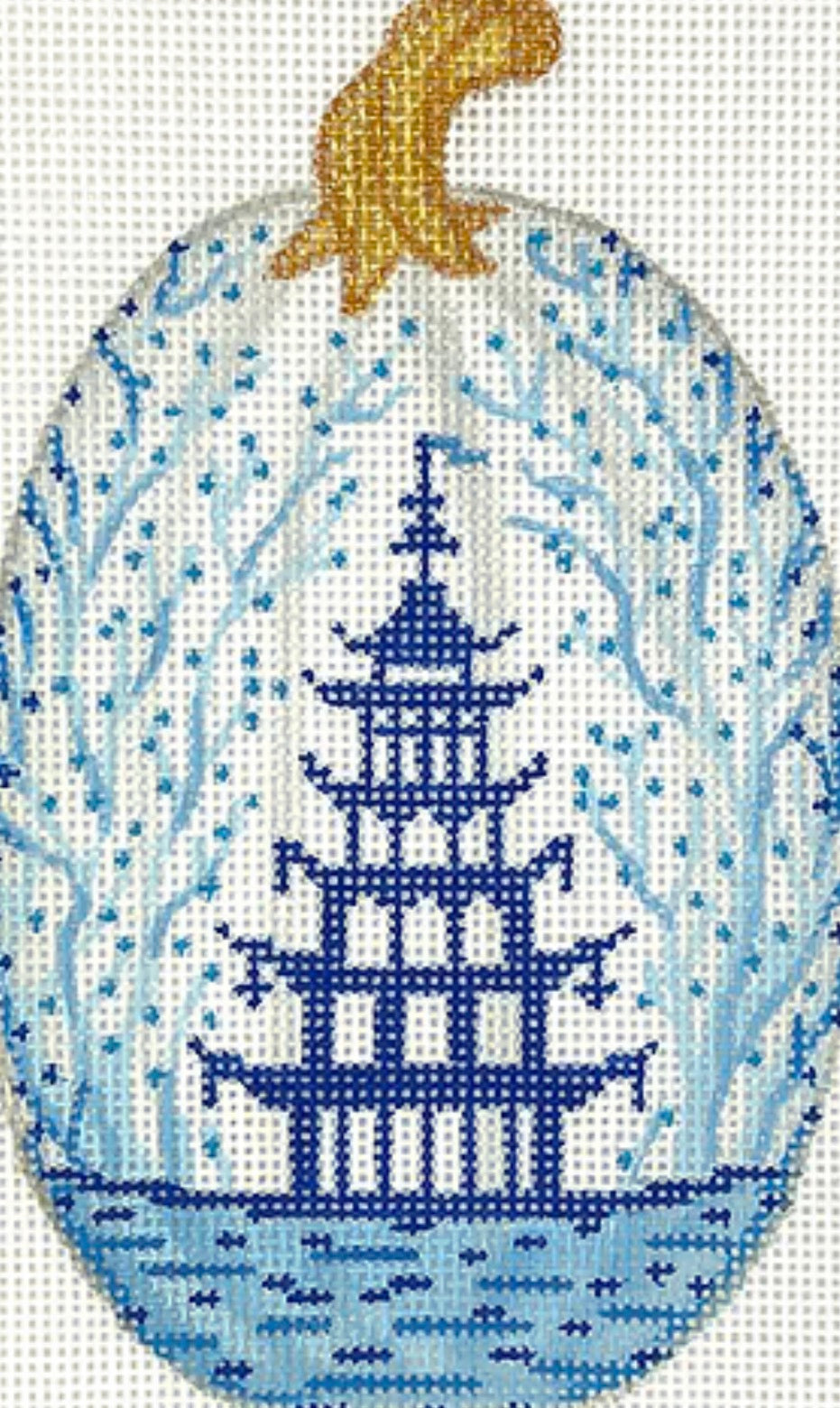 Mini Chinoiserie Pumpkin – Tall & Thin w/ Pagoda & Vines – white w/ blues & golds