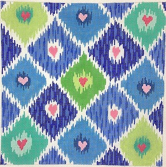 Ikat Diamonds w/ Allover Hearts – blues, greens & pinks PL-429