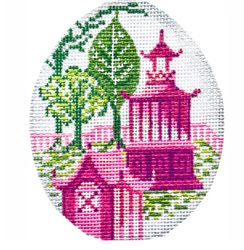 Kelly Clark Pink & Green Pagoda Egg needlepoint canvas