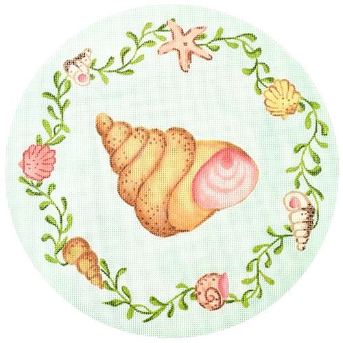 Round Gilled Snail w/ Shells & Seaweed Border – aqua bkgd. PL-53