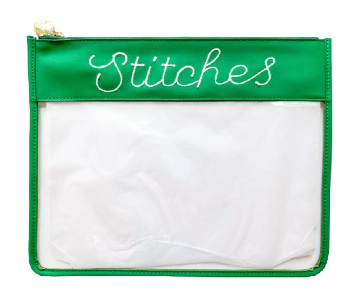 Large Stitches Clear Zip Pouch in Green