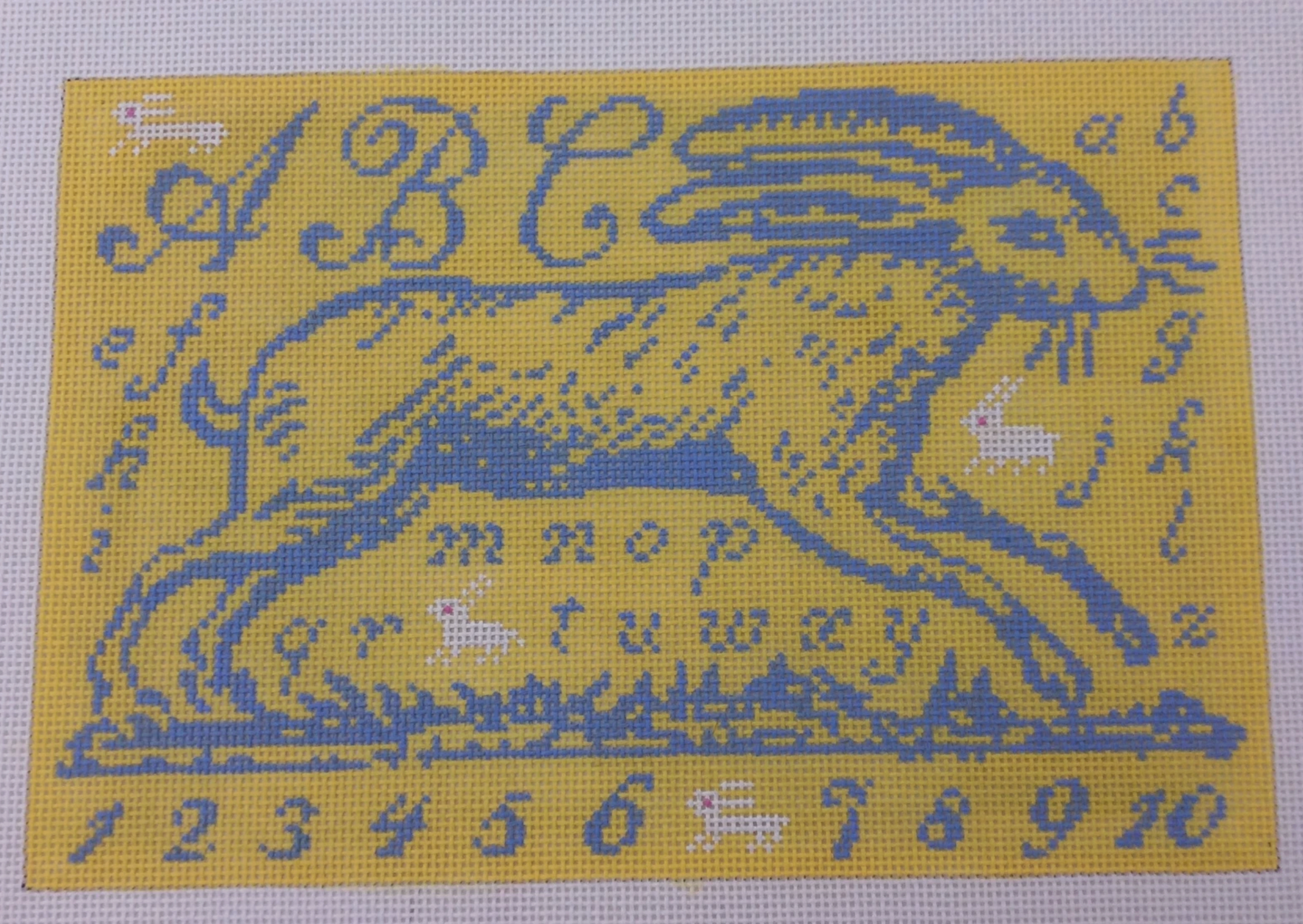 Toile Rabbit Sampler in Blue and Yellow
