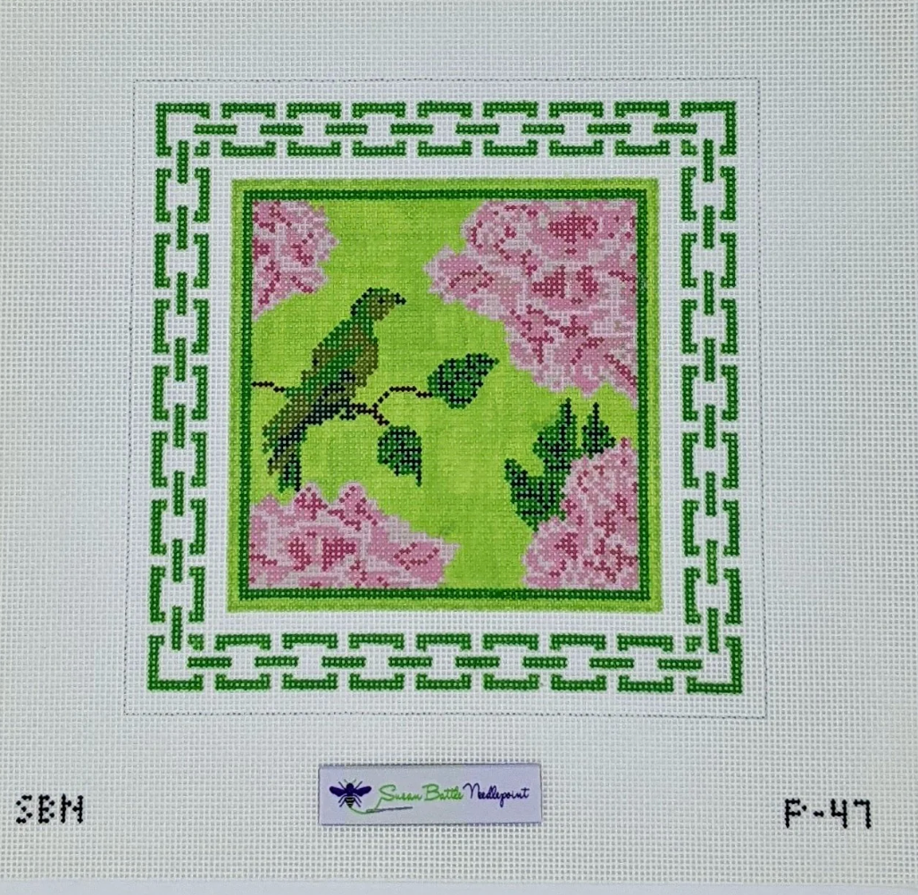 Green Bird & Peonies w/ Green Border