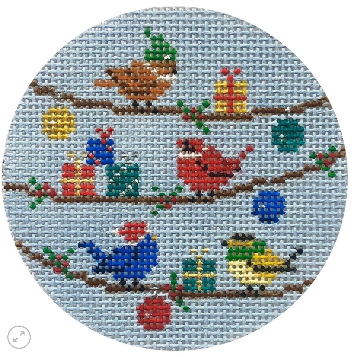 alice peterson Birds with Christmas Gifts Round needlepoint canvas