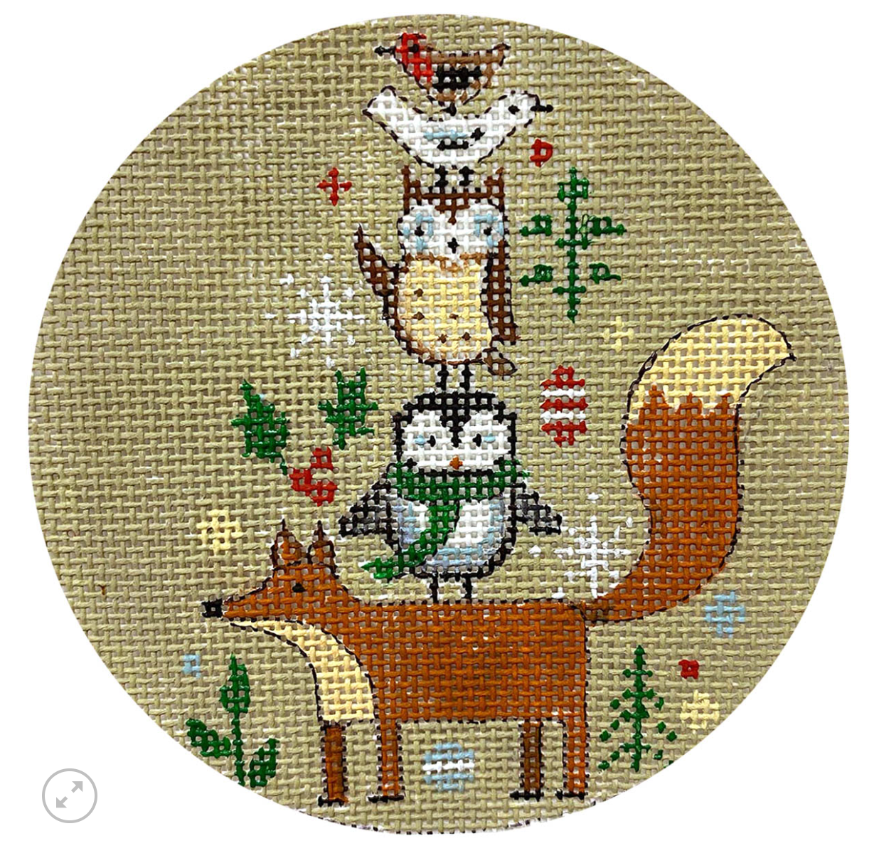 alice peterson Fox and Stacked Animals Round ornament needlepoint canvas
