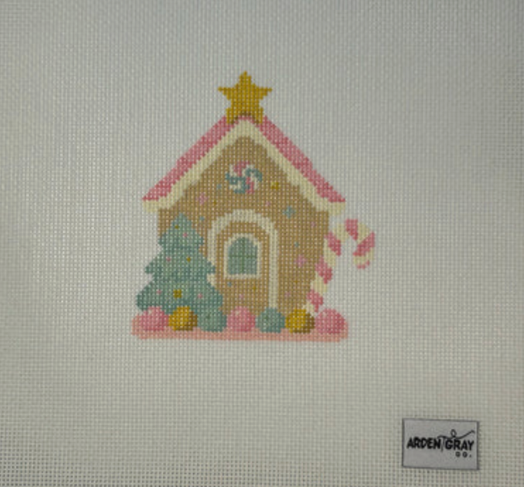 arden gray Pink Roof Gingerbread House needlepoint canvas