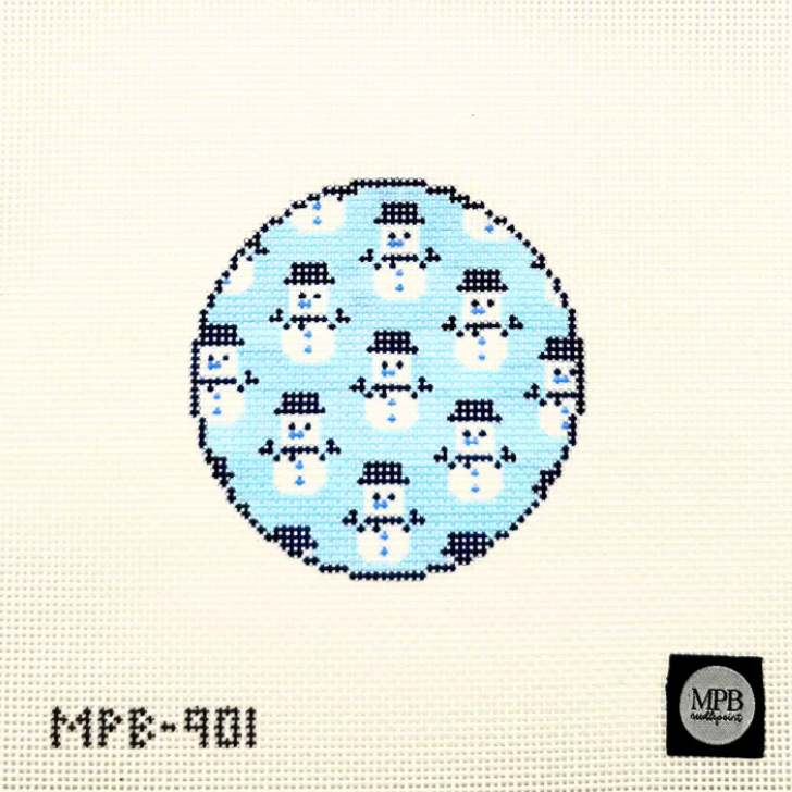 atlantic blue Blue White Snowman Round needlepoint canvas