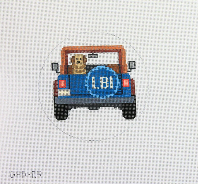atlantic blue Jeep Dog LBI needlepoint canvas