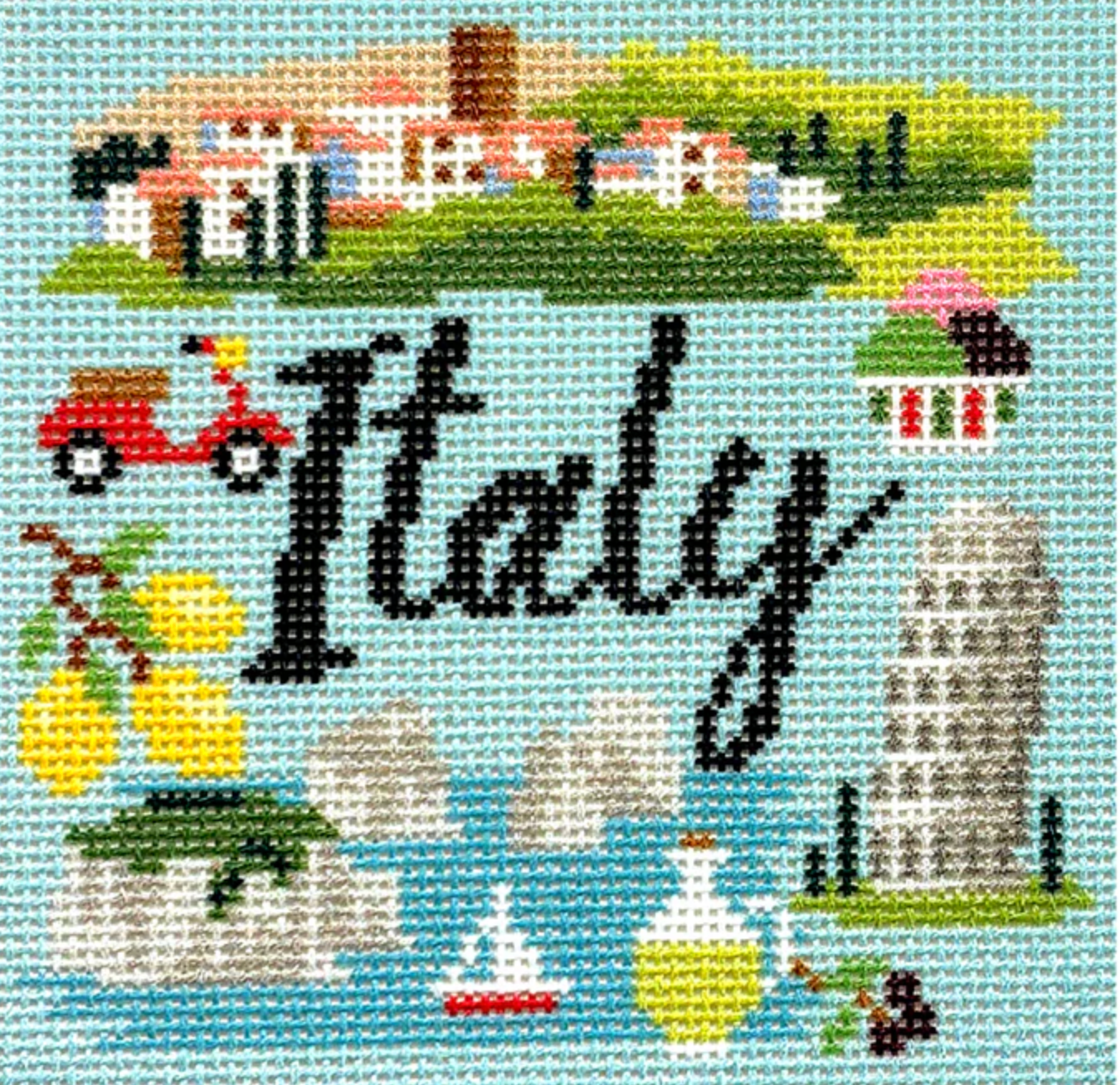 bradley needlepoint company Italy Travel Coaster canvas