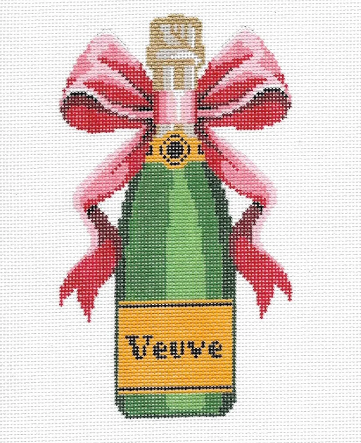 cate la vie Red Bow Champagne Veuve Bottle needlepoint canvas