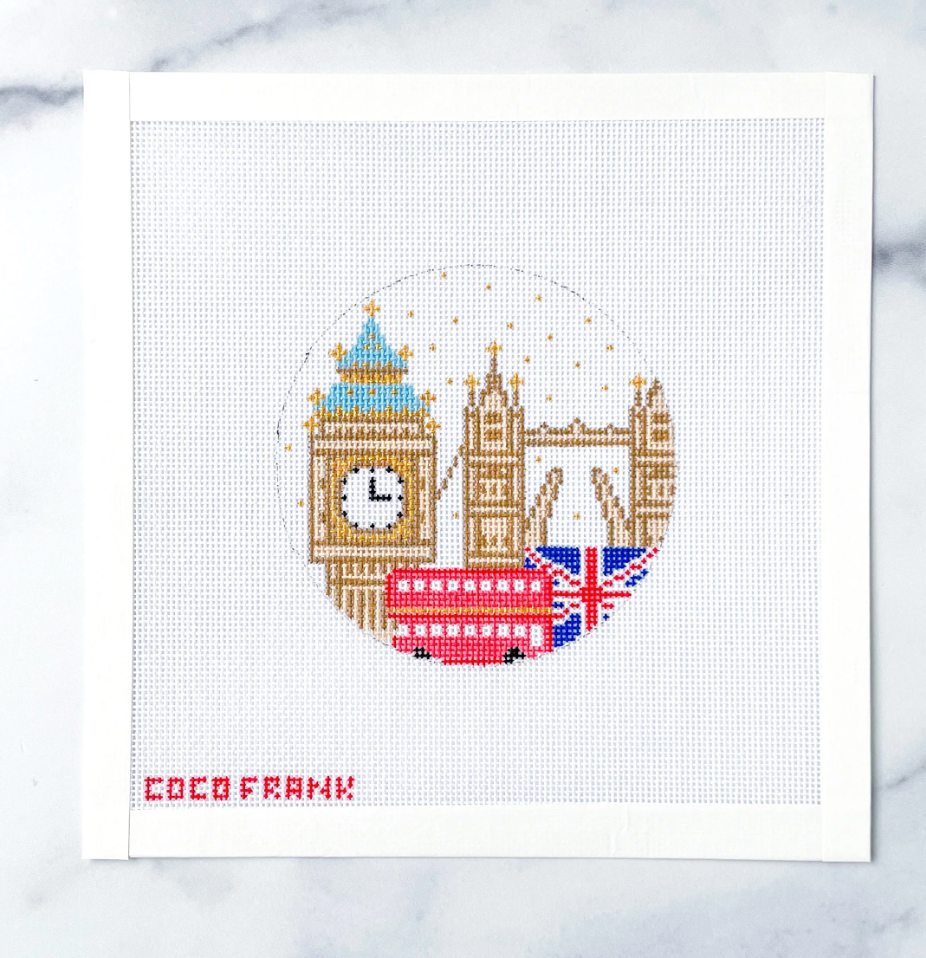 coco frank London travel Round ornament needlepoint canvas