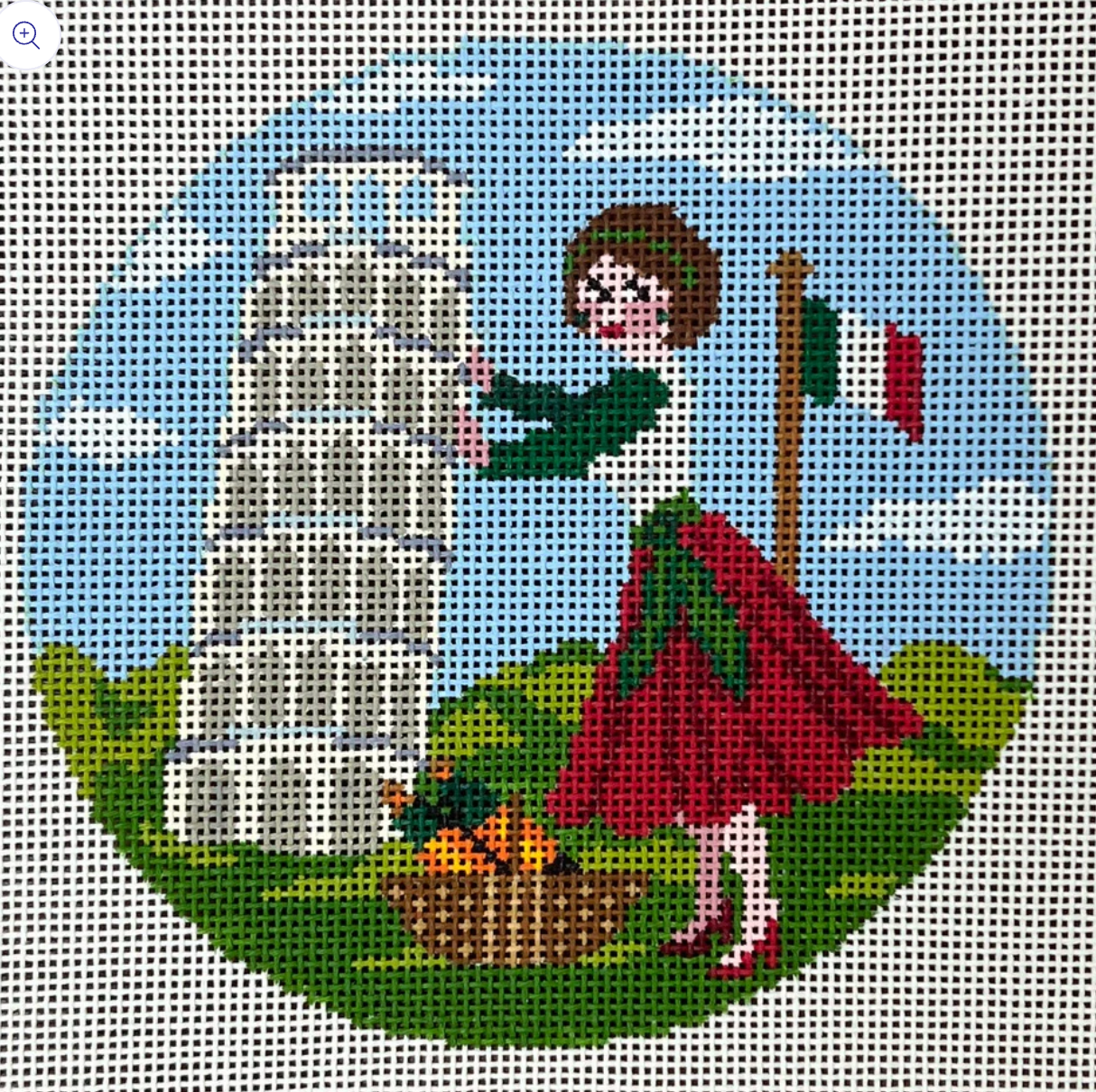 gingham stitchery Betty Loves Italy Round needlepoint canvas