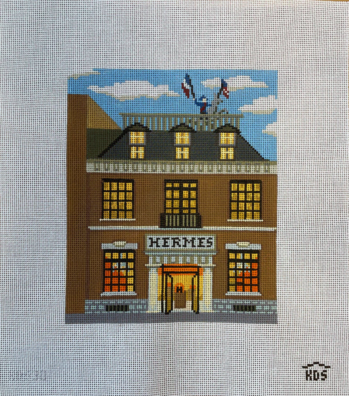 gingham stitchery hermes orange box storefront needlepoit canvas