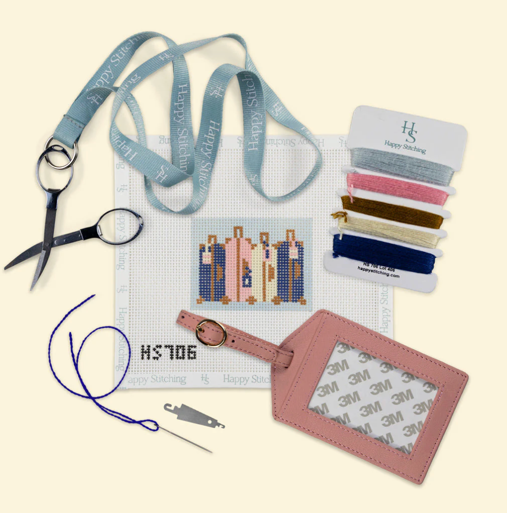 happy stitching Symphony of Suitcases luggage tag needlepoint kit