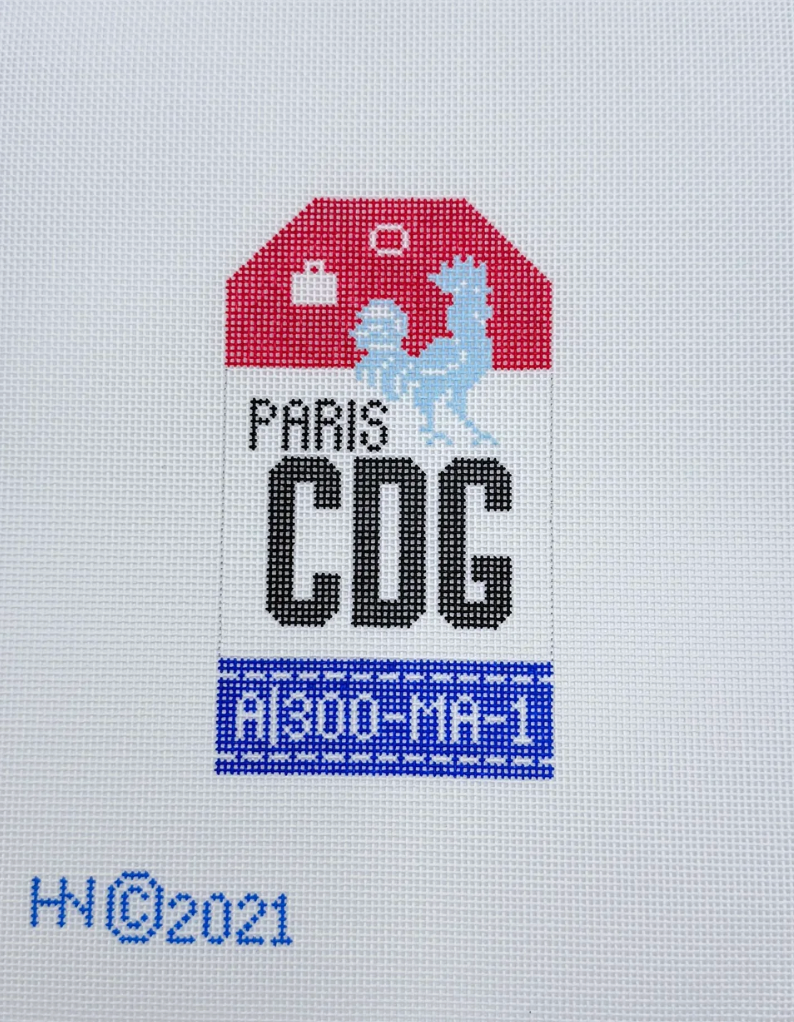 hedgehog Paris CDG Retro Travel Tag needlepoint canvas
