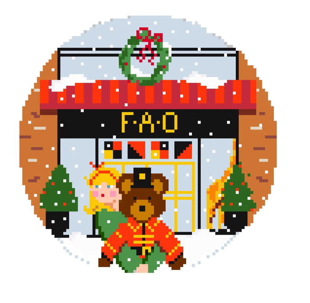 jennifer vallez FAO Schwarz Holiday Blonde Girl round Printed needlepoint Canvas