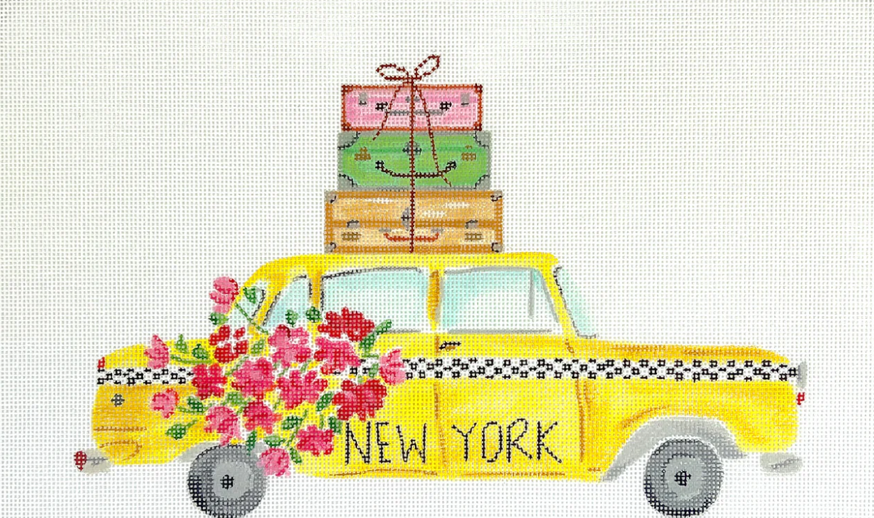 kate dickerson New York Yellow Cab with Flowers and Suitcases needlepoint canvas