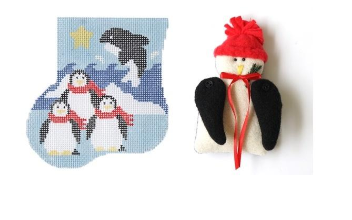 kathy schenkel Three Penguins Mini Stocking with Penguin Critter needlepoint canvas
