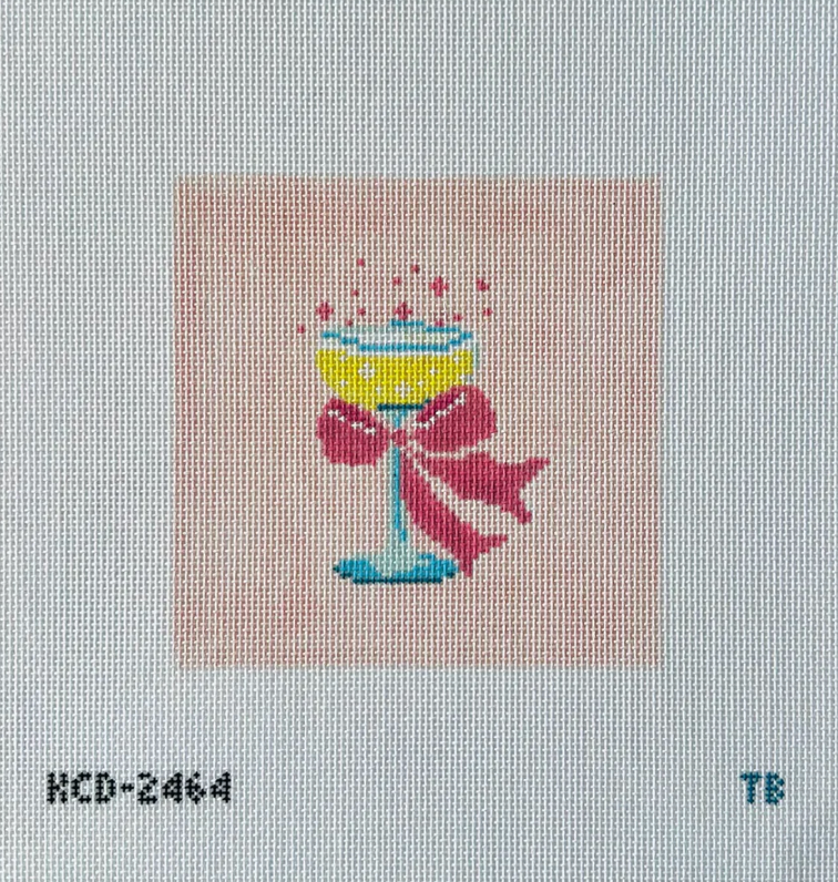 kcn Champagne Glass with Pink Bow on pink square taylor beach needlepoint canvas