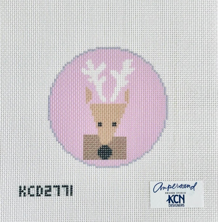 kcn Pink Reindeer Round Printed needlepoint Canvas