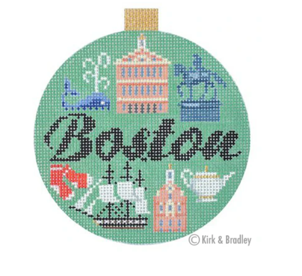 kirk and bradley boston travel round ornament needlepoint canvas
