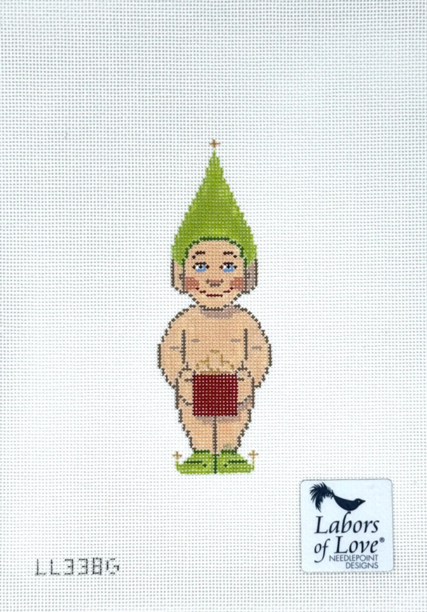 labors of love Naked Elf with Present needlepoint canvas