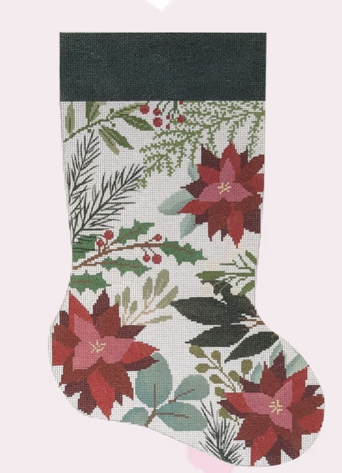 laura love White Stocking with Red Flowers needlepoint canvas