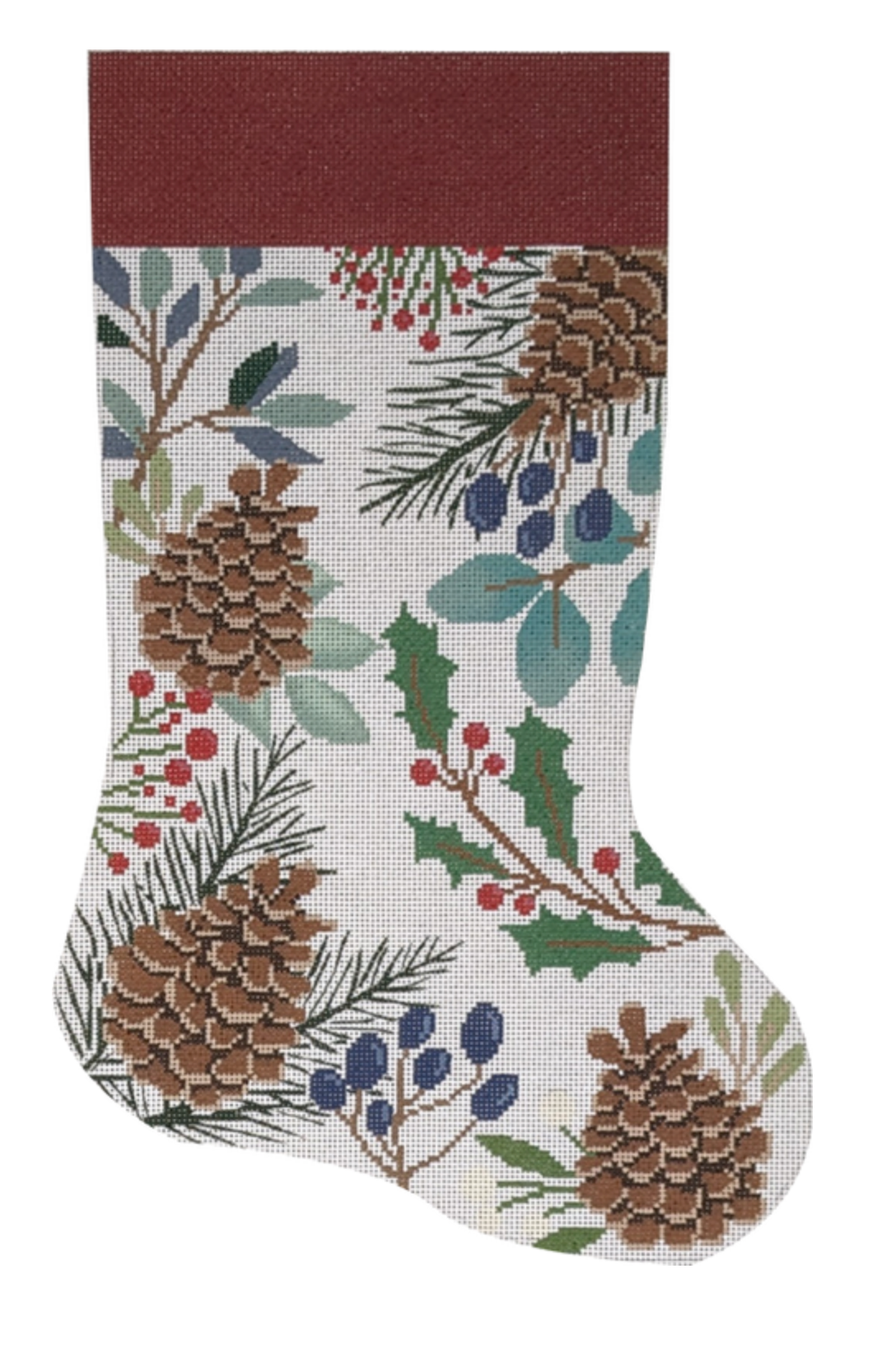 laura love white stocking with pinecones needlepoint canvas