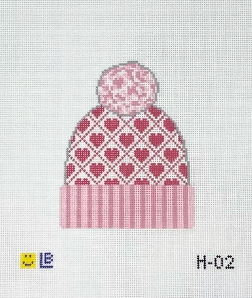 lauren bloch Beanie hat With Pink Hearts needlepoint canvas