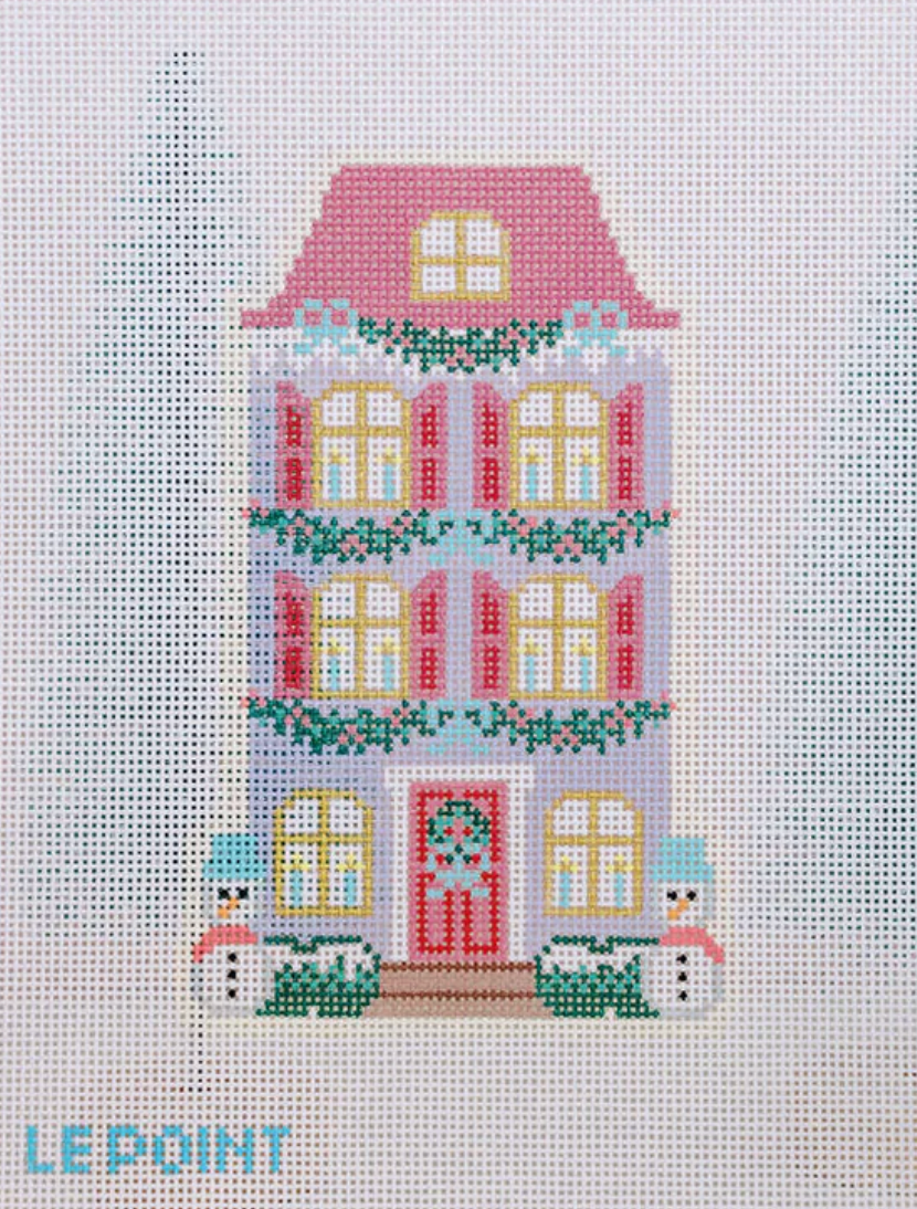 le point Christmas Village Purple Row House needlepoint canvas