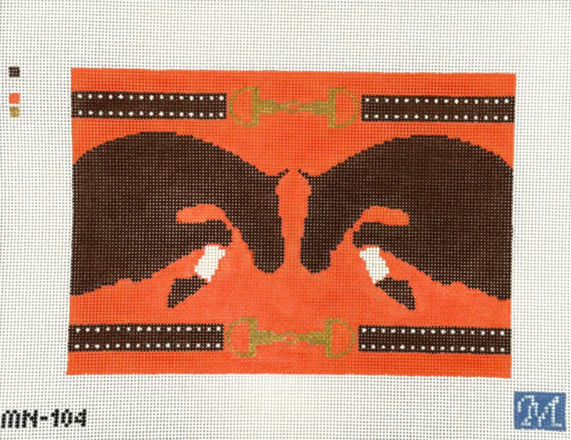 maura nolan orange and brown jumper horse and bit pillow or clutch needlepoint canvas
