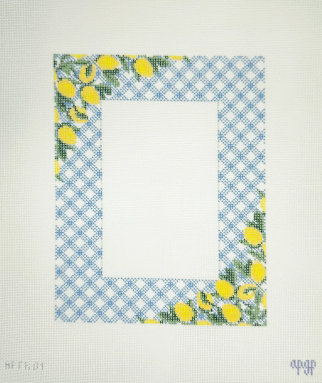 melissa loves ndlpt Lemons on Blue Gingham Frame needlepoint canvas